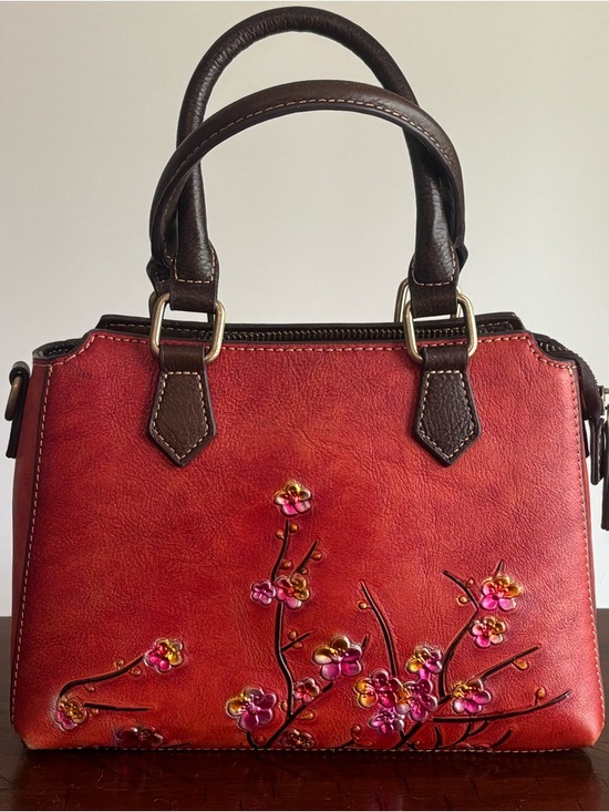 Handbags - Hides And Grain Red Floral Embossed Leather Satchel Handbag